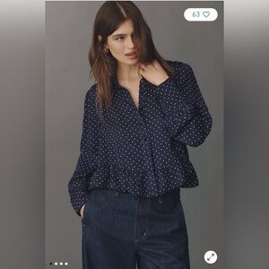 Maeve/Anthropologie Silky Ruffle Buttondown Shirt in Navy Blue Size L. NWT